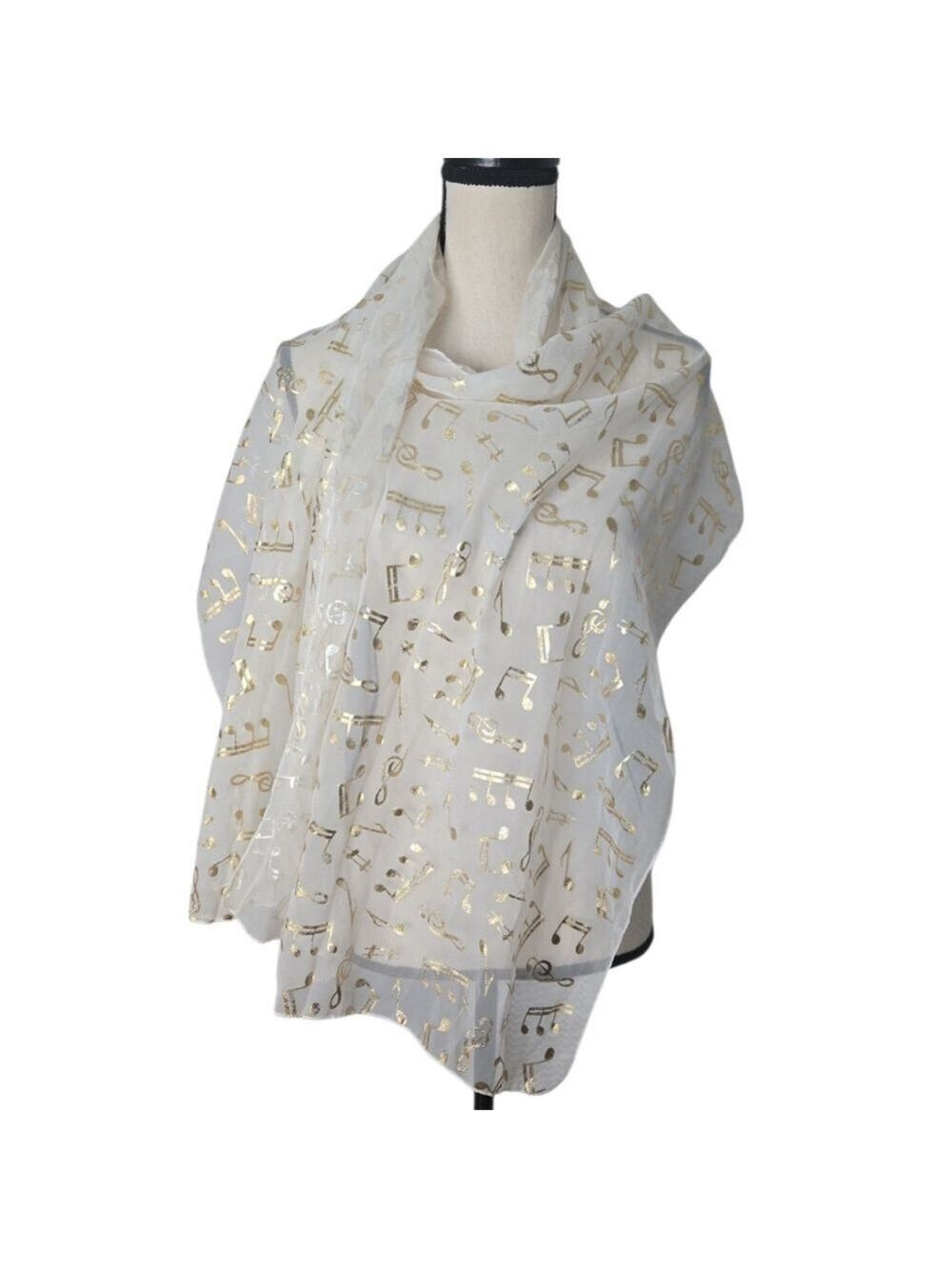 White Sheer Scarf Gold Foil Music Notes